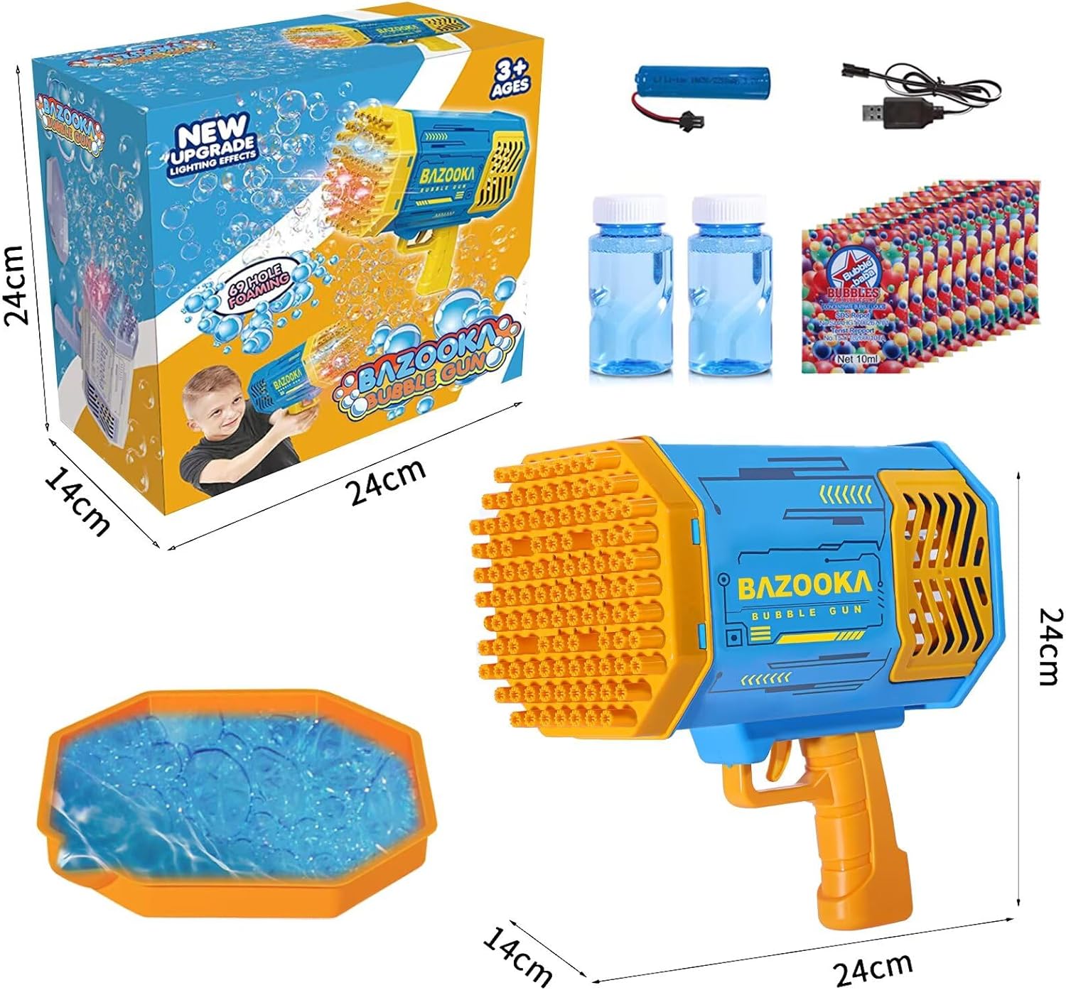 Bubble Gun Bazooka Machine with Solution - 69 Holes Blaster for Outdoor Summer Toy